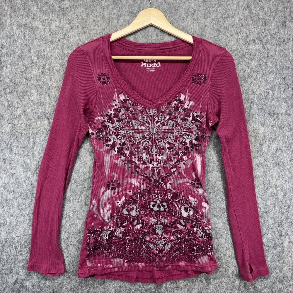 Vintage Mudd Y2K Thermal Long Sleeve Top Women's Medium V Neck Fairy Grunge Pink
